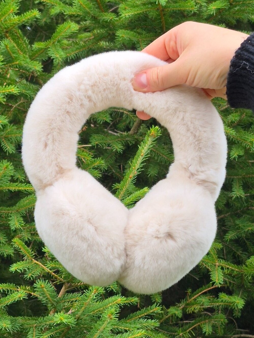 Beige Full Fur Winter Earmuffs, Real Rabbit Fur Head Accessory, Warm Headband - Picture 2 of 7